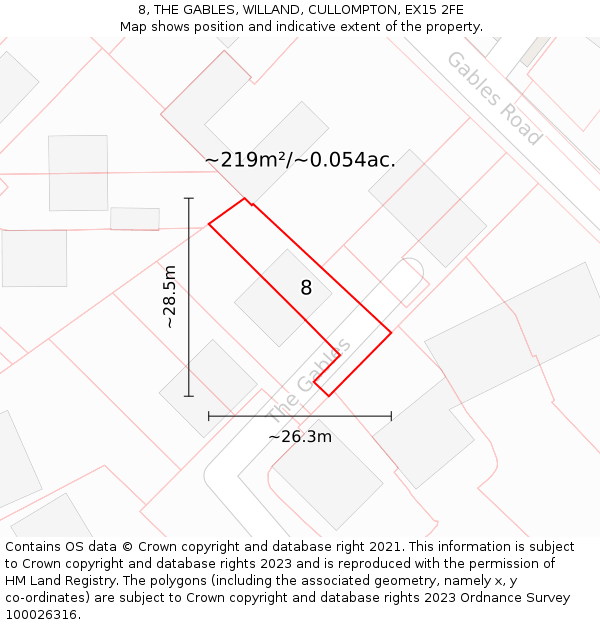 8, THE GABLES, WILLAND, CULLOMPTON, EX15 2FE: Plot and title map