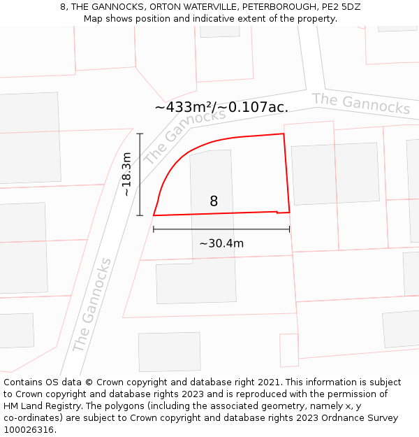 8, THE GANNOCKS, ORTON WATERVILLE, PETERBOROUGH, PE2 5DZ: Plot and title map
