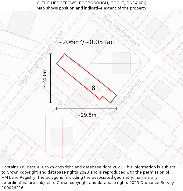 8, THE HEDGEROWS, EGGBOROUGH, GOOLE, DN14 0PQ: Plot and title map