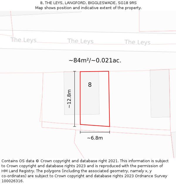 8, THE LEYS, LANGFORD, BIGGLESWADE, SG18 9RS: Plot and title map