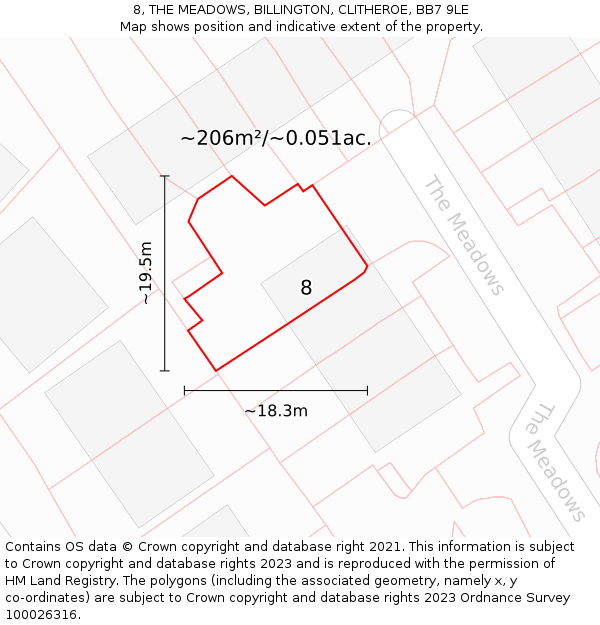 8, THE MEADOWS, BILLINGTON, CLITHEROE, BB7 9LE: Plot and title map