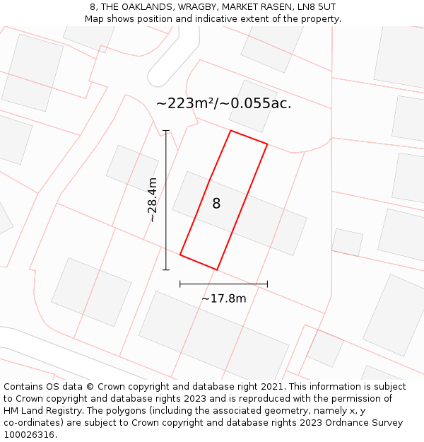 8, THE OAKLANDS, WRAGBY, MARKET RASEN, LN8 5UT: Plot and title map