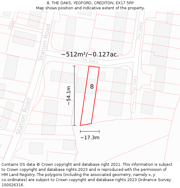 8, THE OAKS, YEOFORD, CREDITON, EX17 5PP: Plot and title map