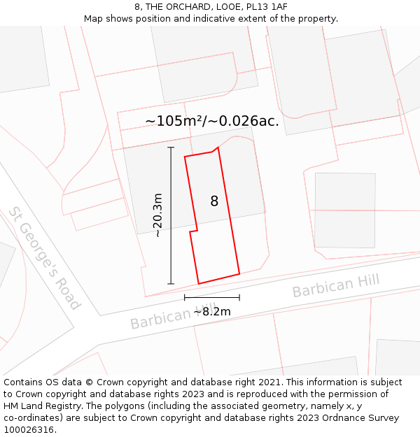 8, THE ORCHARD, LOOE, PL13 1AF: Plot and title map