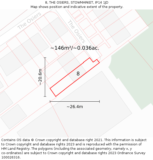8, THE OSIERS, STOWMARKET, IP14 1JD: Plot and title map