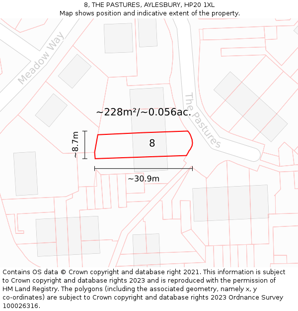 8, THE PASTURES, AYLESBURY, HP20 1XL: Plot and title map