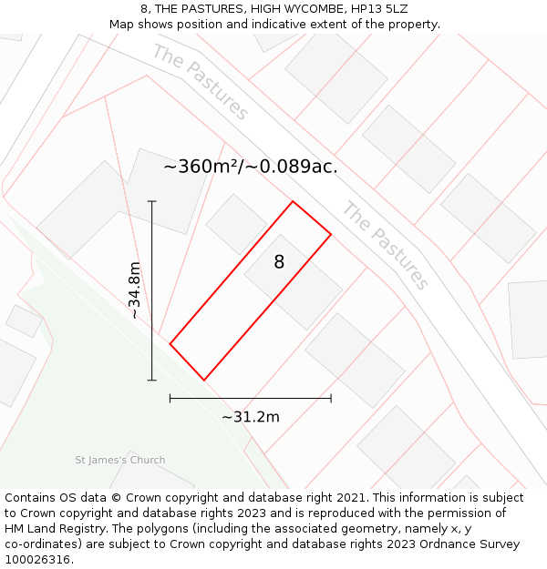8, THE PASTURES, HIGH WYCOMBE, HP13 5LZ: Plot and title map