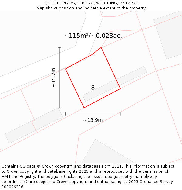 8, THE POPLARS, FERRING, WORTHING, BN12 5QL: Plot and title map
