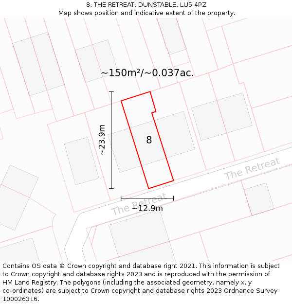 8, THE RETREAT, DUNSTABLE, LU5 4PZ: Plot and title map