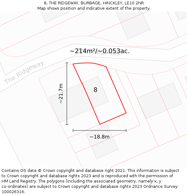 8, THE RIDGEWAY, BURBAGE, HINCKLEY, LE10 2NR: Plot and title map