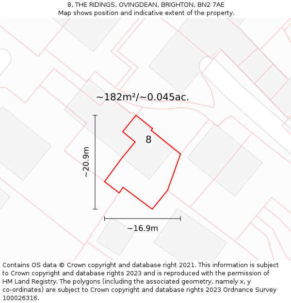 8, THE RIDINGS, OVINGDEAN, BRIGHTON, BN2 7AE: Plot and title map