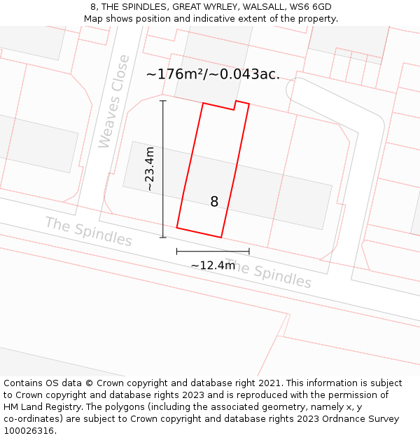 8, THE SPINDLES, GREAT WYRLEY, WALSALL, WS6 6GD: Plot and title map