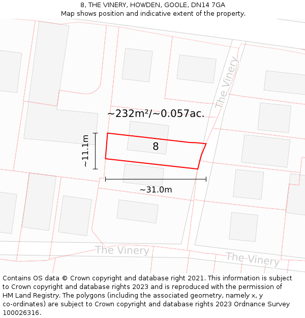 8, THE VINERY, HOWDEN, GOOLE, DN14 7GA: Plot and title map