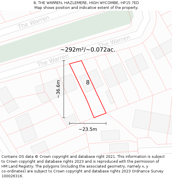8, THE WARREN, HAZLEMERE, HIGH WYCOMBE, HP15 7ED: Plot and title map