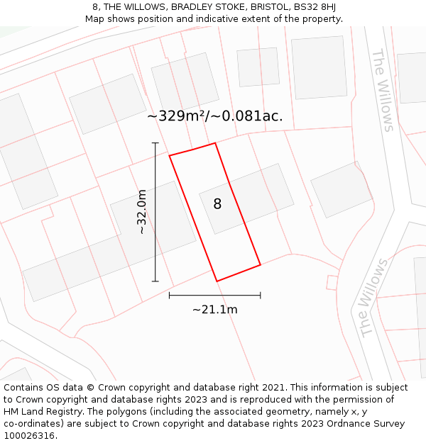 8, THE WILLOWS, BRADLEY STOKE, BRISTOL, BS32 8HJ: Plot and title map
