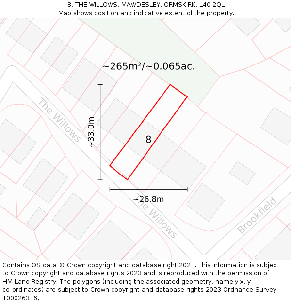 8, THE WILLOWS, MAWDESLEY, ORMSKIRK, L40 2QL: Plot and title map