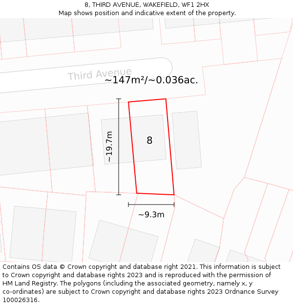 8, THIRD AVENUE, WAKEFIELD, WF1 2HX: Plot and title map