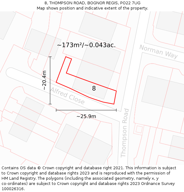 8, THOMPSON ROAD, BOGNOR REGIS, PO22 7UG: Plot and title map