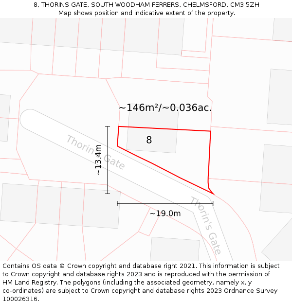 8, THORINS GATE, SOUTH WOODHAM FERRERS, CHELMSFORD, CM3 5ZH: Plot and title map