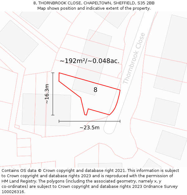 8, THORNBROOK CLOSE, CHAPELTOWN, SHEFFIELD, S35 2BB: Plot and title map
