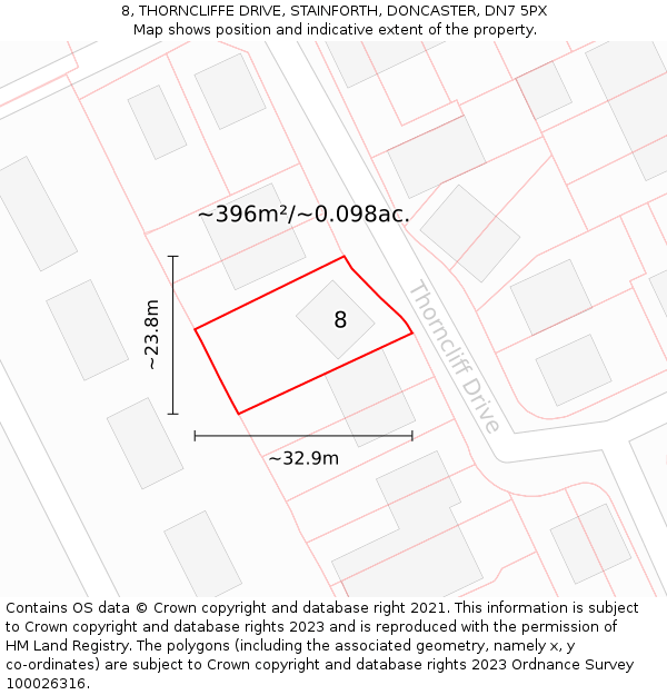 8, THORNCLIFFE DRIVE, STAINFORTH, DONCASTER, DN7 5PX: Plot and title map