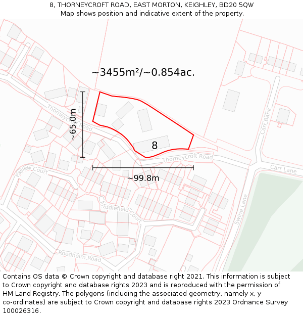 8, THORNEYCROFT ROAD, EAST MORTON, KEIGHLEY, BD20 5QW: Plot and title map