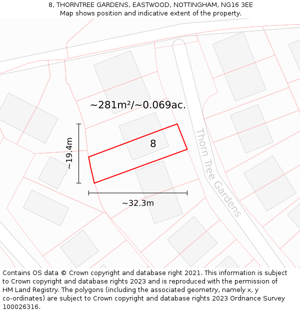 8, THORNTREE GARDENS, EASTWOOD, NOTTINGHAM, NG16 3EE: Plot and title map