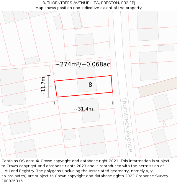 8, THORNTREES AVENUE, LEA, PRESTON, PR2 1PJ: Plot and title map