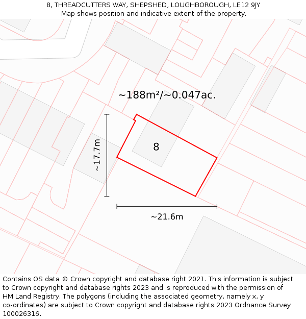 8, THREADCUTTERS WAY, SHEPSHED, LOUGHBOROUGH, LE12 9JY: Plot and title map