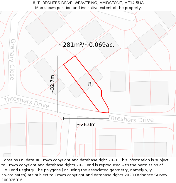 8, THRESHERS DRIVE, WEAVERING, MAIDSTONE, ME14 5UA: Plot and title map