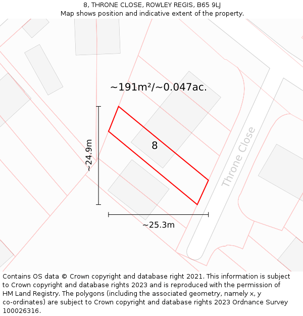 8, THRONE CLOSE, ROWLEY REGIS, B65 9LJ: Plot and title map