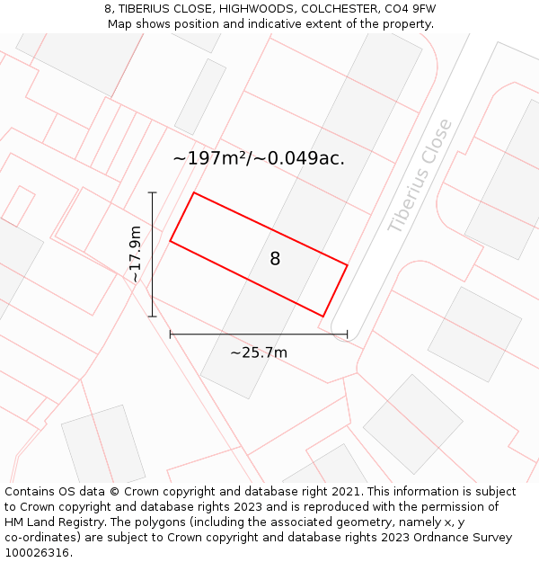 8, TIBERIUS CLOSE, HIGHWOODS, COLCHESTER, CO4 9FW: Plot and title map