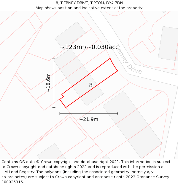 8, TIERNEY DRIVE, TIPTON, DY4 7DN: Plot and title map