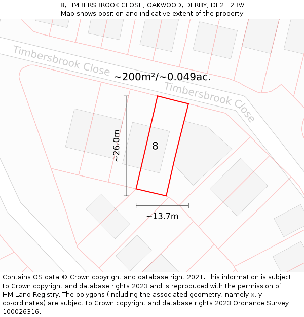 8, TIMBERSBROOK CLOSE, OAKWOOD, DERBY, DE21 2BW: Plot and title map