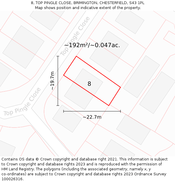 8, TOP PINGLE CLOSE, BRIMINGTON, CHESTERFIELD, S43 1PL: Plot and title map