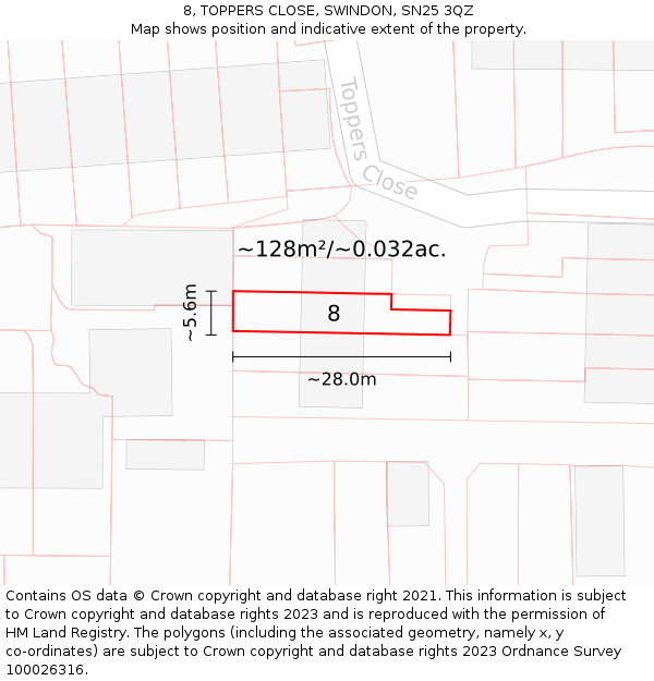 8, TOPPERS CLOSE, SWINDON, SN25 3QZ: Plot and title map