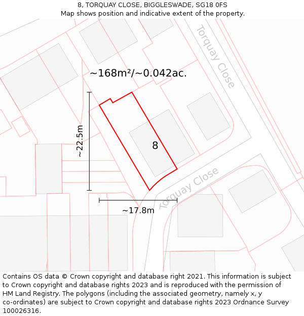 8, TORQUAY CLOSE, BIGGLESWADE, SG18 0FS: Plot and title map