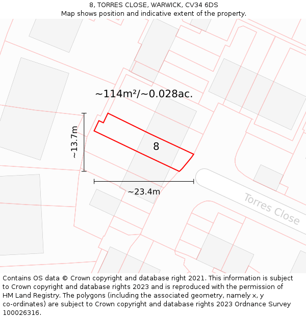 8, TORRES CLOSE, WARWICK, CV34 6DS: Plot and title map