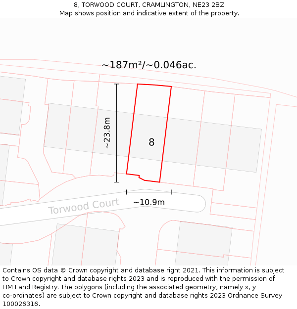 8, TORWOOD COURT, CRAMLINGTON, NE23 2BZ: Plot and title map