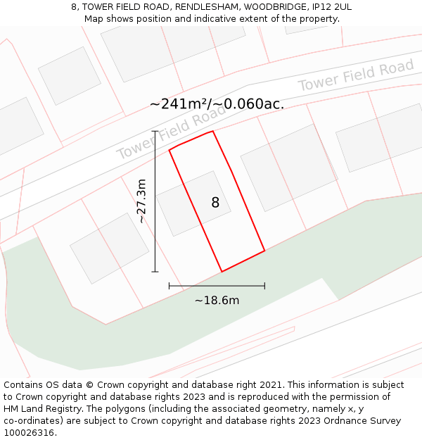 8, TOWER FIELD ROAD, RENDLESHAM, WOODBRIDGE, IP12 2UL: Plot and title map