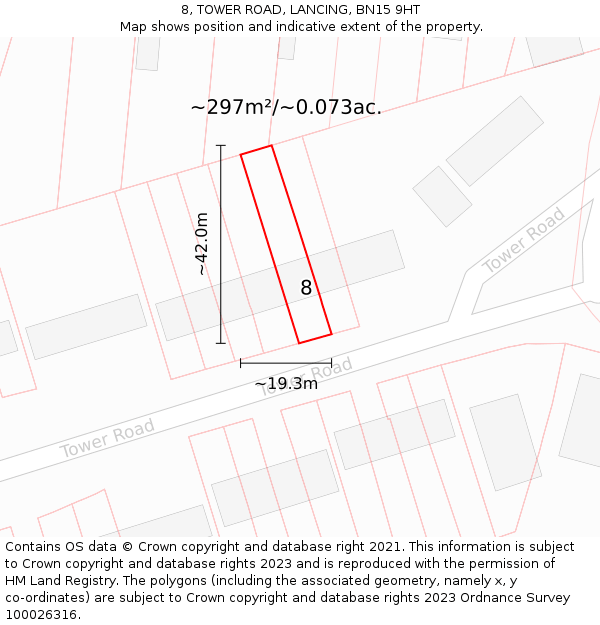 8, TOWER ROAD, LANCING, BN15 9HT: Plot and title map