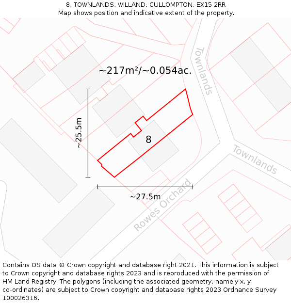 8, TOWNLANDS, WILLAND, CULLOMPTON, EX15 2RR: Plot and title map