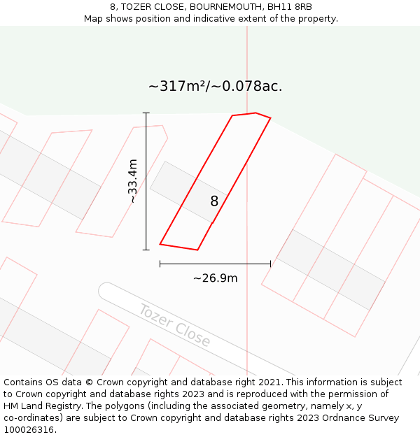 8, TOZER CLOSE, BOURNEMOUTH, BH11 8RB: Plot and title map