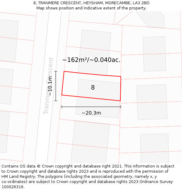 8, TRANMERE CRESCENT, HEYSHAM, MORECAMBE, LA3 2BD: Plot and title map