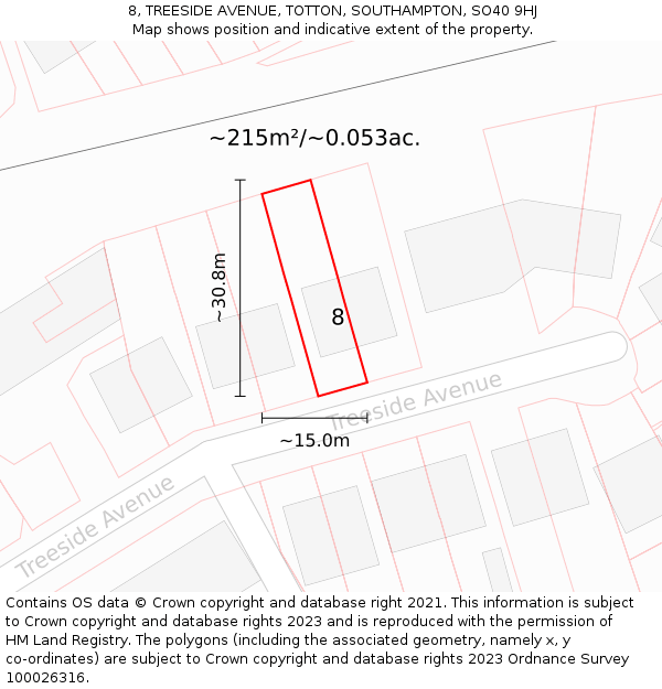 8, TREESIDE AVENUE, TOTTON, SOUTHAMPTON, SO40 9HJ: Plot and title map
