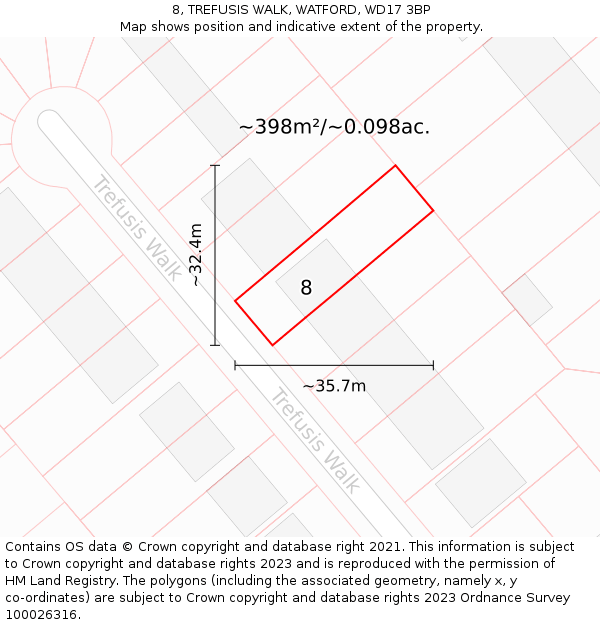 8, TREFUSIS WALK, WATFORD, WD17 3BP: Plot and title map