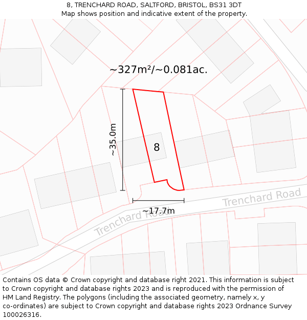 8, TRENCHARD ROAD, SALTFORD, BRISTOL, BS31 3DT: Plot and title map