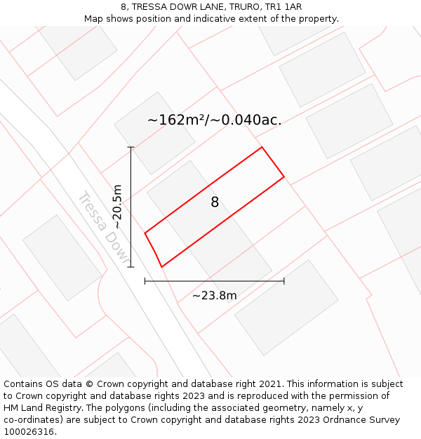 8, TRESSA DOWR LANE, TRURO, TR1 1AR: Plot and title map