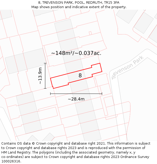 8, TREVENSON PARK, POOL, REDRUTH, TR15 3FA: Plot and title map