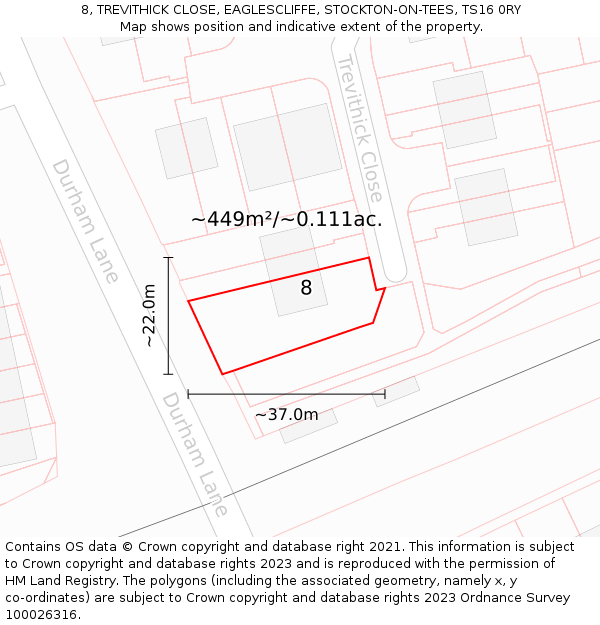 8, TREVITHICK CLOSE, EAGLESCLIFFE, STOCKTON-ON-TEES, TS16 0RY: Plot and title map